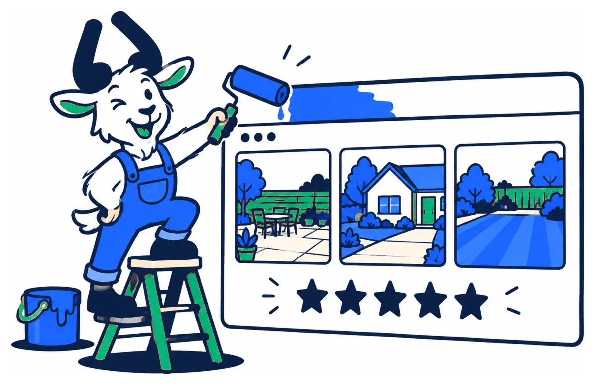 The Vouch goat on a step ladder painting a website full of project photos and five stars